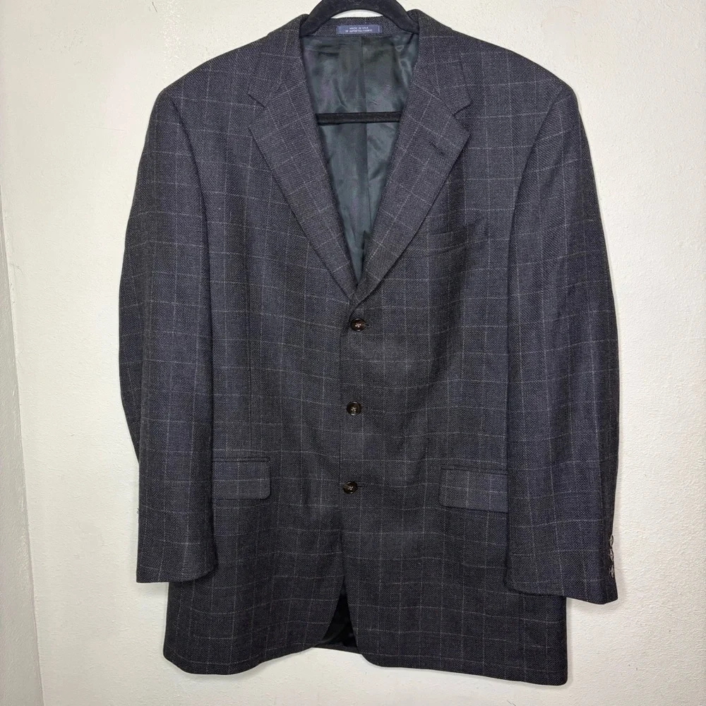 Men's Charcoal Gray Windowpane Wool Blazer Size 42L